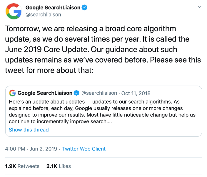הודעה רשמית של גוגל על עדכון ליבה לאלגוריתם – יוני 2019