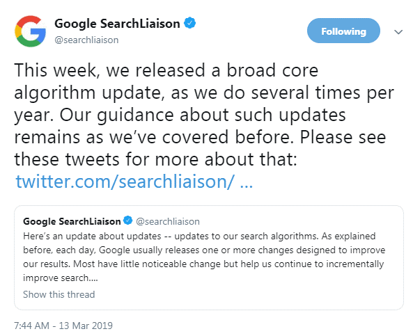 הודעה רשמית של גוגל על עדכון ליבה לאלגוריתם – מרץ 2019