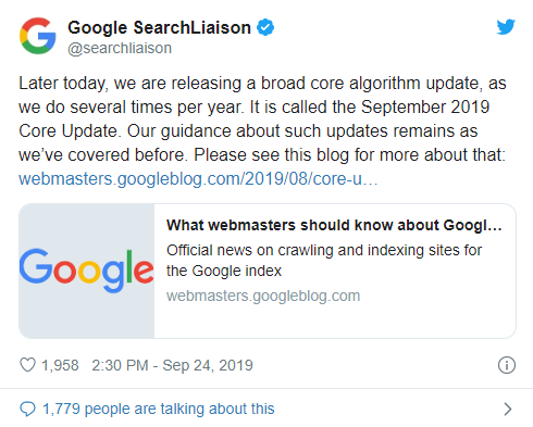 הודעה רשמית של גוגל על עדכון ליבה לאלגוריתם – ספטמבר 2019
